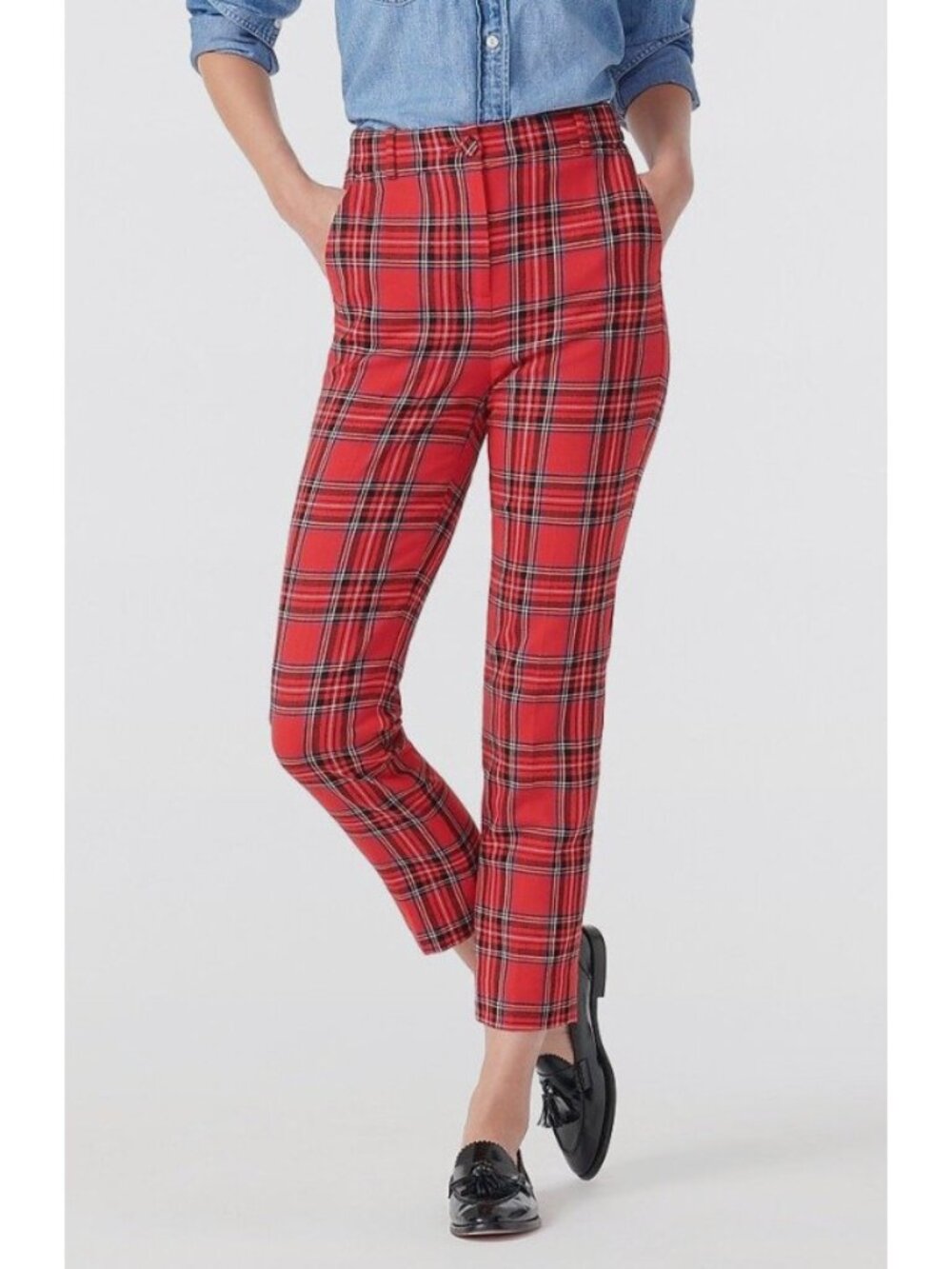 NWT J.Crew High Rise Cameron in Red Black Stewart Tartan Stretch Wool Pants 6